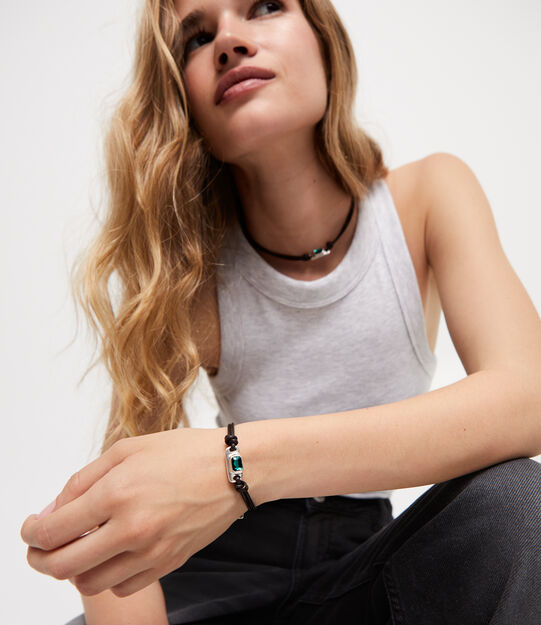 Leather bracelet with a green crystal, Silver, large